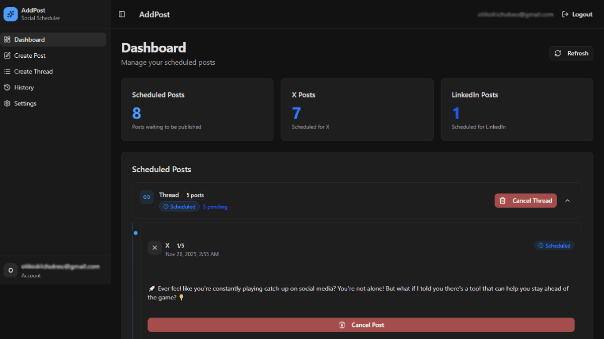 Addpost dashboard interface showing post scheduling and AI caption generation